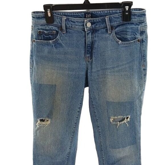 GAP Jeans Womens Size 26 Distressed Patchwork Mid Rise Raw Hem Cropped Denim - Picture 3 of 6